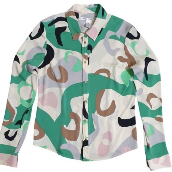 Diane Von Furstenberg- Silk Multicolored Printed Button Down Longsleeve Blouse - Picture 1 of 6